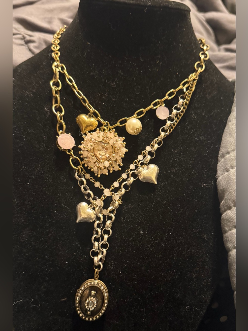 Betsey Johnson Gold Layered Heart & Medallion Necklace with Pink Accents Locket